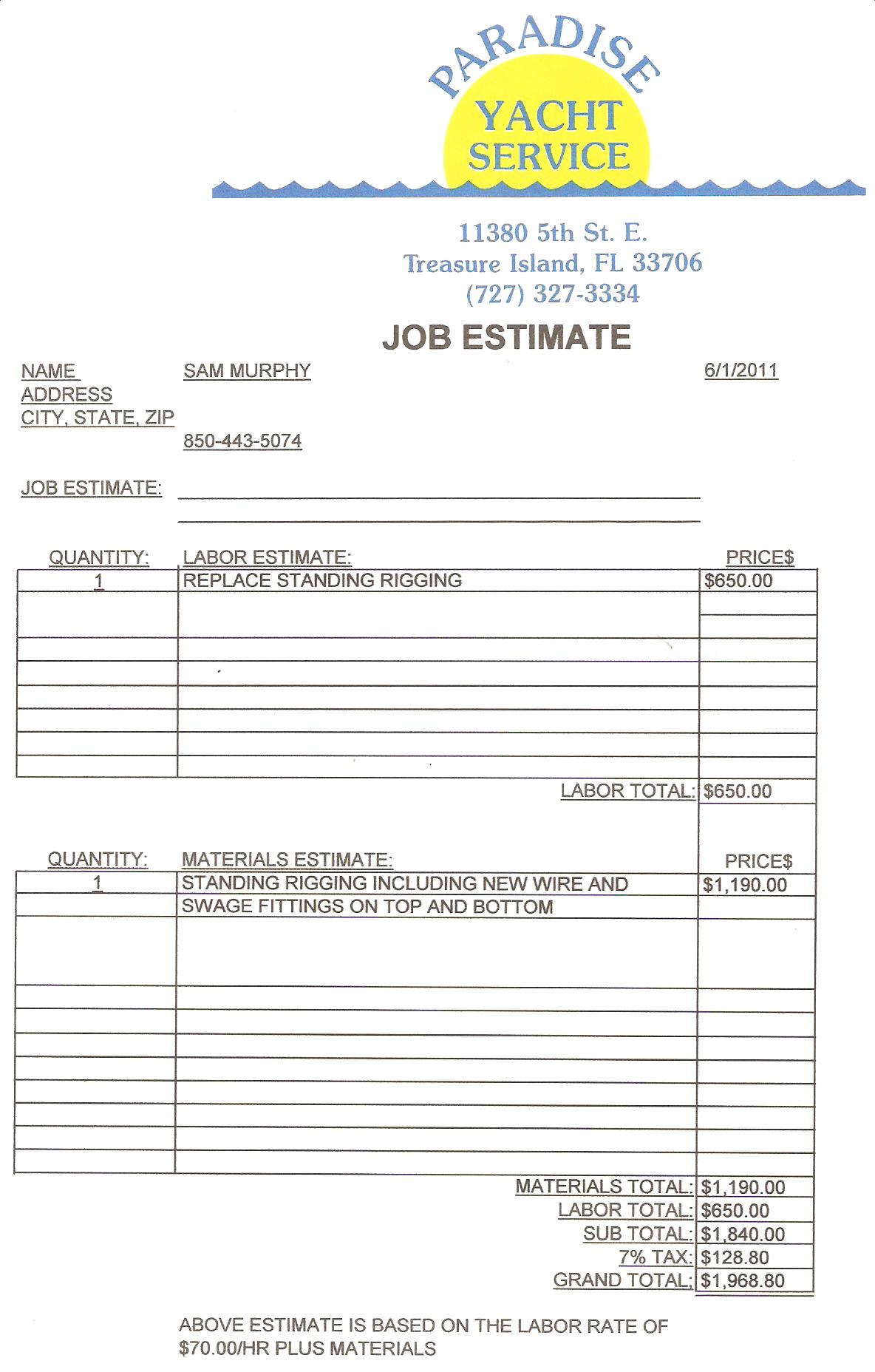 Estimated Cost to Replace Standing Rigging Catalina 36/375